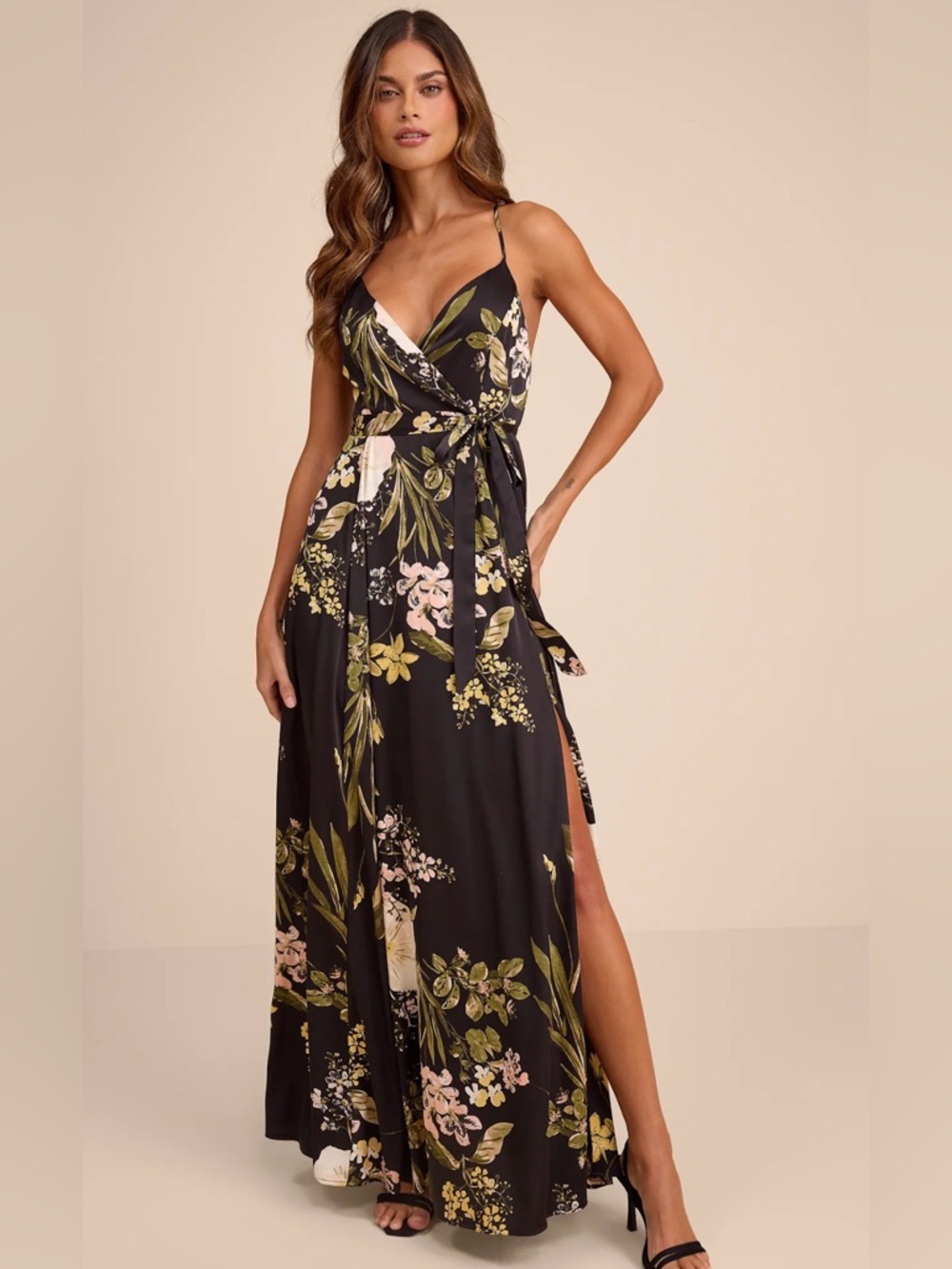 Lulu's Black Floral Wrap Maxi Dress with Side Slit